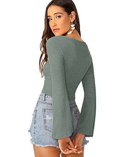 Image of SweatyRocks Women's Adjustable Drawstring String Long Bell Sleeve Rib Knit Sexy Crop Top
