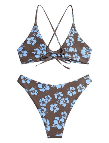 Image of ZAFUL Women's Tie Back Padded High Cut Bralette Bikini Set Two Piece Swimsuit