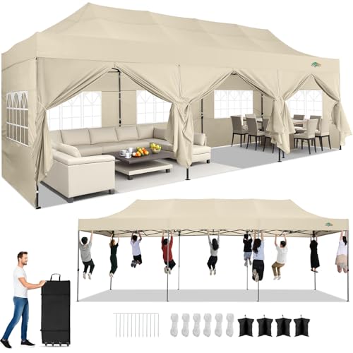 Image of COBIZI 10x30 Heavy Duty Pop Up Canopy Tent with 8 Sidewalls Thicken Frame, Commercial Easy Up Outdoor Wedding Party Tents, All Season Waterproof Windproof with Stakes Sandbags Ropes Roller Bag, Khaki