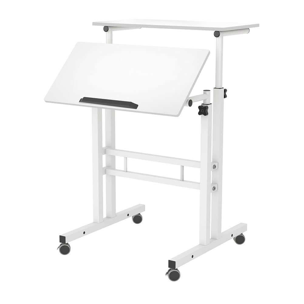 Acekool Bureau Assis-Debout Mobile réglable en Hauteur sur roulettes - Double Plateau 60 x 60 cm inclinable - Poste de Travail Ergonomique - Blanc
