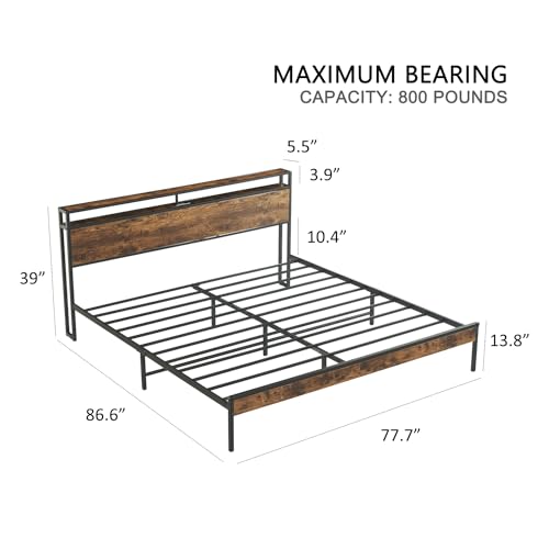 Image of Virabit King Bed Frame with Headboard, Bed Frame King Size with Charging Station, No Box Spring Needed, Steady and Noiseless, Easy Assemble.(Brown)