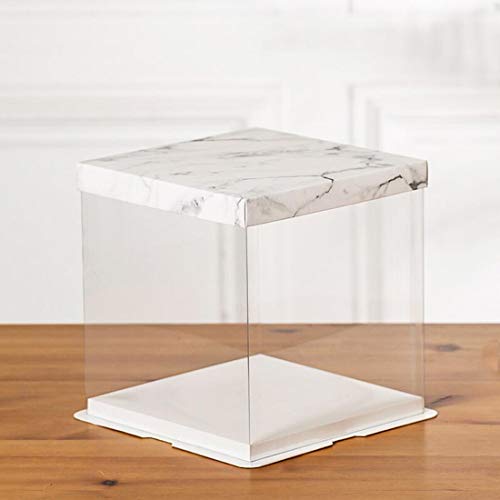 Transparent Cake Box, 2 Pcs Clear Plastic Cake Boxes Bakery Packaging Carriers with Pre-folded Lid Baking Cookie Display Pack Carry Tall Layer Gift Toy Box 9.4" x 10.3" x 10.3" - Marble Print - Thumbnail 3