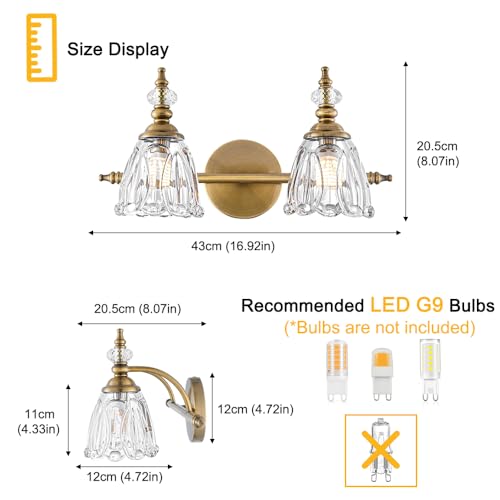 Image of Brass Vanity Light, Vintage Brushed Gold Bathroom Light Fixtures, 2 Light Bathroom Vanity Lights, Flower Glass Shade Wall Sconce Lighting