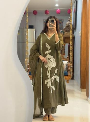 Image of ANNI Designer Women Rayon Viscose Straight Embroidered Kurta with Pant and Dupatta | 3 /4 Sleeve | V-Neck | Ethnic Kurta Set for Women