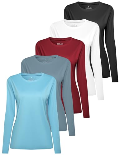 HovSiyla 5 Pack Women Long Sleeve Shirts Running UV Rash Guard Casual Tops Sun Protection Workout Hiking T Shirts for Women Black Grey White Azure Burgundy X-Large