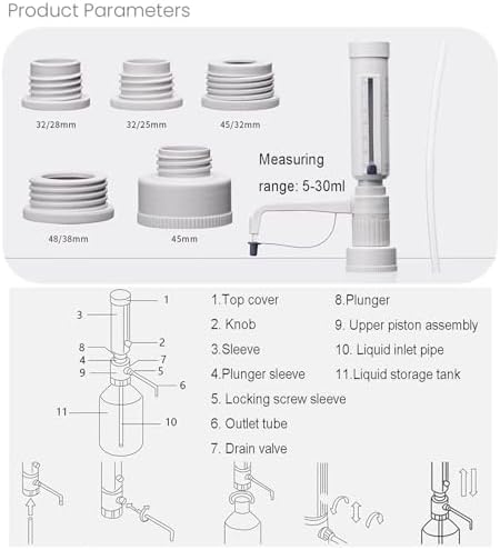 Adjustable Bottle Top Dispenser, 5-30ml Lab Liquid Burette, 5 Pcs Neck Adaptors for Precise Solvent & Reagent Dispensing from Containers