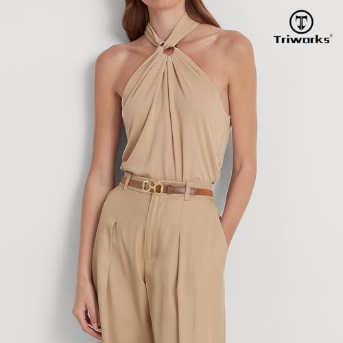 2 Pack Skinny Elastic Belts for Women Waist Belt for Dress Pants Thin Stretch Belt with Gold Buckle4