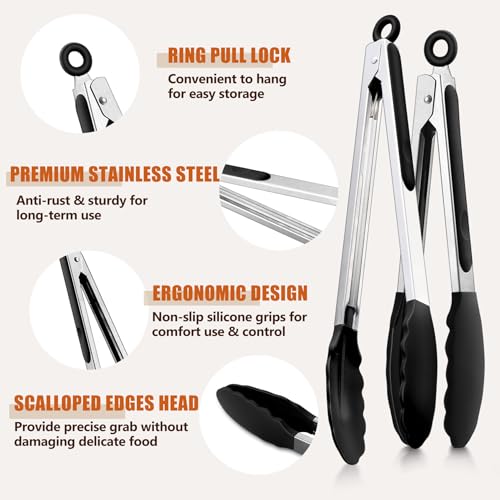 Onader Kitchen Tongs Set of 2, Silicone Food Tongs with Stainless Steel Handle, Great for Cooking Serving Barbecue, Silicone Tips & Locking Clip, Heat Proof & Dishwasher Safe, 9 & 12 Inch - Black - Image 3