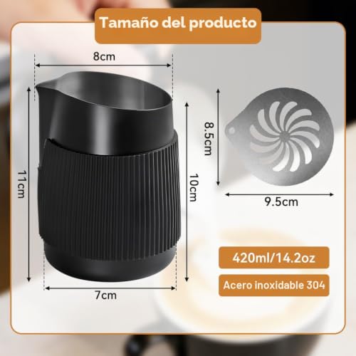 Miniatura 2 de Fuhesgu Taza Jarra Leche 420 Ml De Acero Inoxidable 304 Con Pico De Pato Inclinado Jarra Para Latte Art Jarra Cafe Lechera Con Mango Antideslizante Con 5 Plantillas Para Capuchino Espresso Latte Cafe
