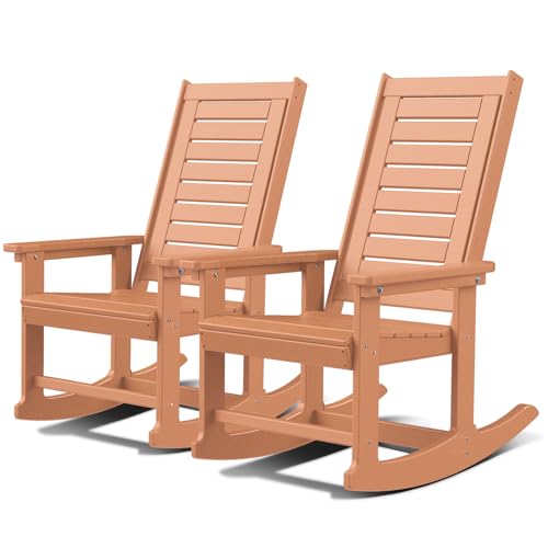 GREENVINES Outdoor Rocking Chairs | Set of 2 | Porch Rocker | HDPE Plastic | Teak | Oversized Rockers | High Back | Big & Tall | Ladder Back | for Pat