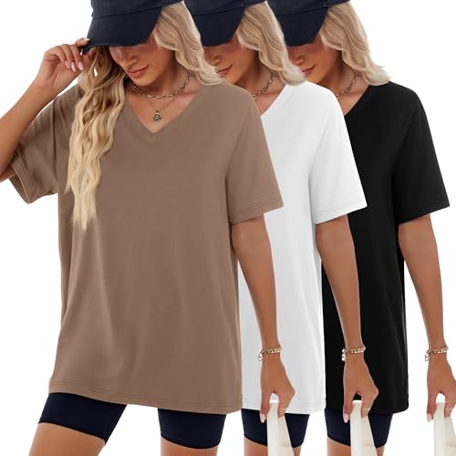Huukeay 3 Pack Women's Oversized T Shirts 95% Cotton V Neck Half Sleeve Workout Tops Loose Fit Casual Summer Baggy Basic Tee