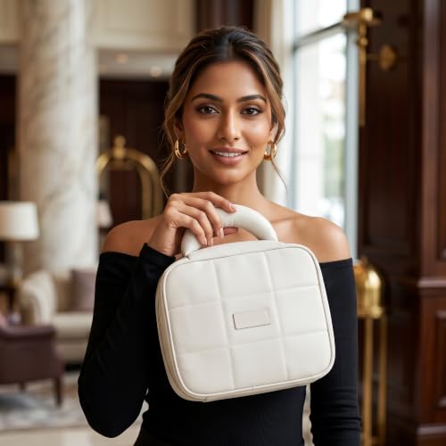 Image of WEMOL Travel Fashion Cosmetic Organizer Bag, Quilted -(Quilted - Ivory) | Detachable Pouch, Super Soft, For Brushes, Toiletries, Cosmetics, For Women