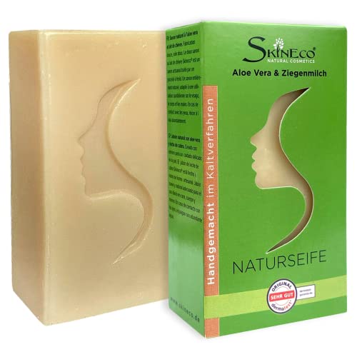 Skineco Jabón natural | Jabón de leche de cabra sostenible con aloe vera | pieza de jabón para piel seca | jabón corporal | cosmética natural hecha a mano | limpieza facial | gel de ducha suave y