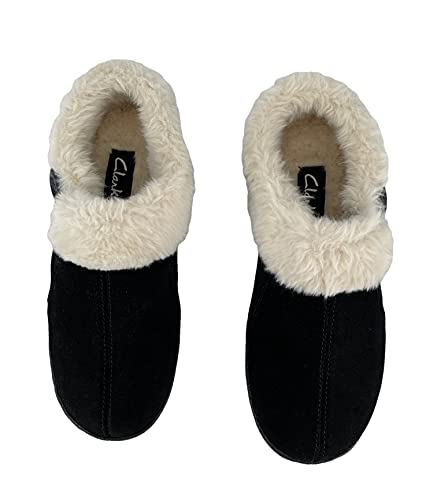 Clarks Womens Suede Leather Slipper with Gore and Bungee JMH2213 - Warm Plush Faux Fur Lining - Indoor Outdoor House Slippers For Women (6 M US, Black)3