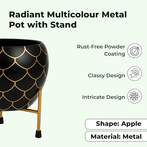 Image of Natural Earth Metal Flower Vase Planter Pot with Iron Stand | Decorative Plant Cachepot for Indoor & Outdoor Use | Succulent Pot for Home & Garden Decor (Black Gold Nest)