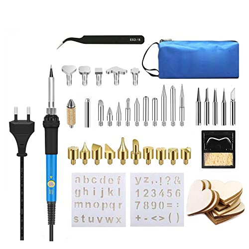 43pcs Kit Pirograbador de Madera, Kit del Soldador, 60W Temperatura Regulable 200-450℃, Soldador Pirografo Electrico Profesional Para Madera, Corcho grabado (Soldador azul)