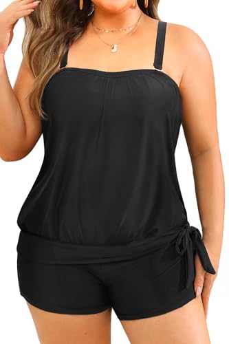 Tempt Me Black Plus Size Tankini Swimsuits for Women Bandeau Two Piece Bathing Suit Top with Shorts Blouson Swimwear 26W