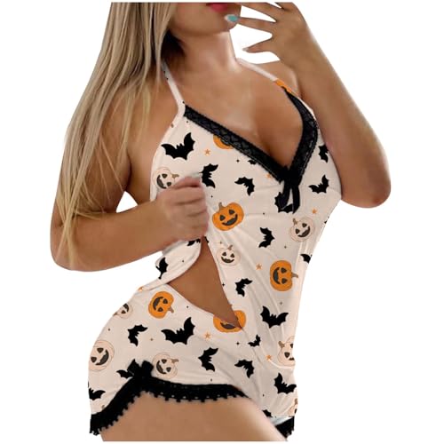 Generisch Conjunto de 2 pantalones cortos sexy de Halloween para mujer, con estampado de calabaza, conjunto de 2 piezas, ropa de dormir de encaje sin espalda, lencería (beige, L)