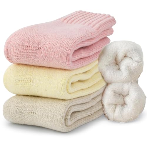 Warm Wool Socks for Women 3 Pairs Thermal Winter Thick Full Cushioned Knit Winter Crew Wool Boot Socks Cozy Gift (Beige/Cream/Pink)