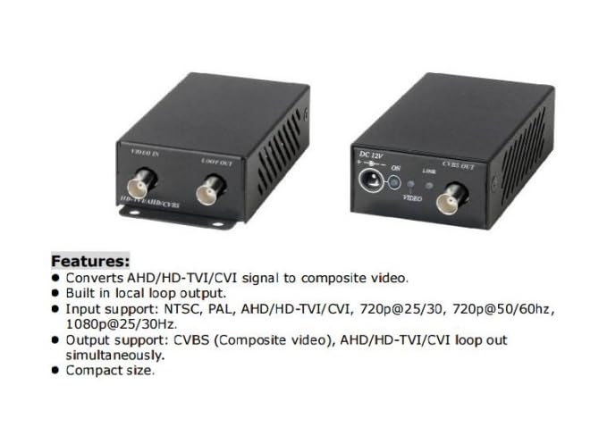 CCTV HDTVI/AHD/CVBS to CVBS Analog BNC Video Converter with Loop Out, for 720P and 1080p Video Resolution, Built-in OSD Menu