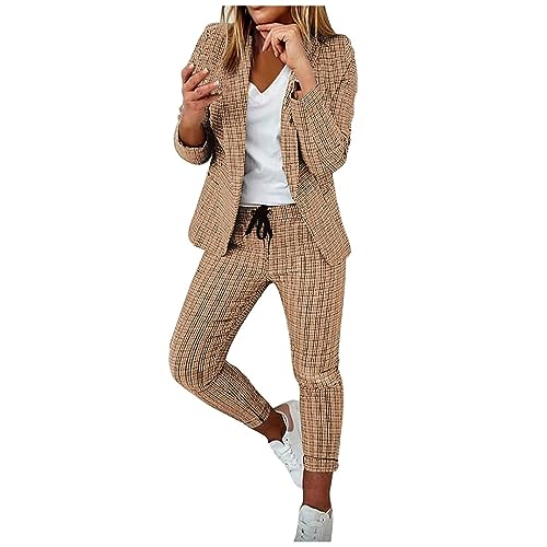 Women Blazer Set 2 Piece Outfits,Plaid Print Long Sleeve Blazer with Drawstring Pants Solid Business Casual Suit Set
