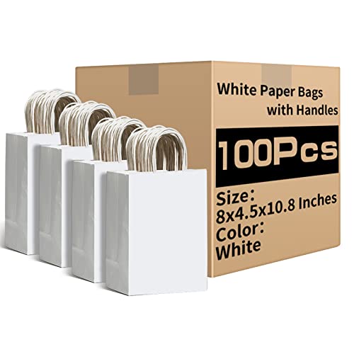Image of RACETOP White Gift Paper Bags 100 Pack 8x4.5x10.8 in Medium with Handles | Recycled Kraft Paper, Medium Size, Reinforced Handles, for Groceries, Retail, Party Favors, Takeouts, Eco-Friendly