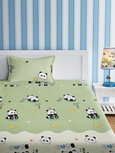 Image of Urban Dream Kids Cute Panda Print Green and White BEDSHEET Set (Single Bed)