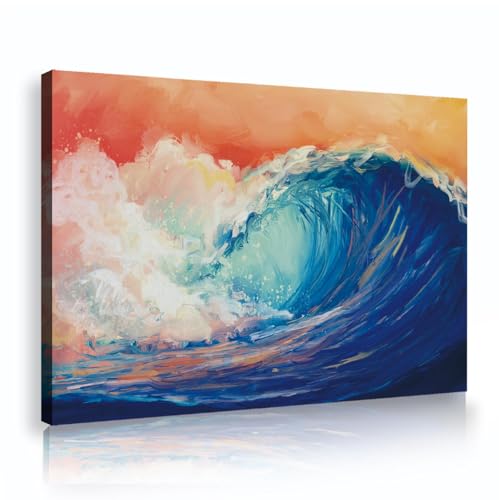 Toile murale bleu mer déco salon moderne peinture vagues 60x90cm