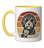 Retro Goldendoodle Iced Coffee Funny Doodle Dog Mom Sunset Ceramic Mug, Yellow/White
