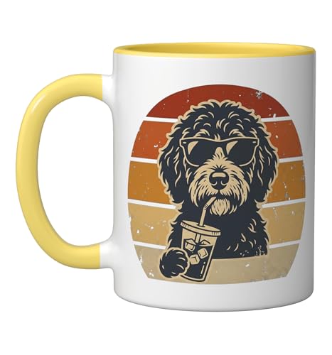 Retro Goldendoodle Iced Coffee Funny Doodle Dog Mom Sunset Ceramic Mug, Yellow/White