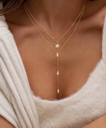 Image of CHESKY Long Necklaces for Women, 14k Gold Plated /Streling Silver Lariat Necklace Dainty Statement Prom Necklace Rosary Cross Sun Drop Pendant Dangle Necklace Gold Prom Jewelry for Women Gifts
