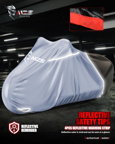 Image of MZS Motorcycle Cover Waterproof Outdoor, Heavy Duty All Season Weather Protection with Cotton Lining Vents Night Reflective Lock Holes Storage Bag fits up to 96 inch Motorcycle Powersports Vehicle Cover