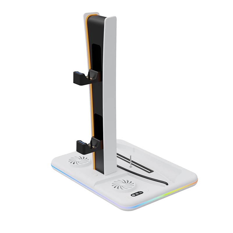 Generico Supporto verticale console per PS5 Slim, dock di raffreddamento con luce ambientale RGB Gamepad Caricatore a doppia docking con gancio per cuffie per PS5 Slim Host