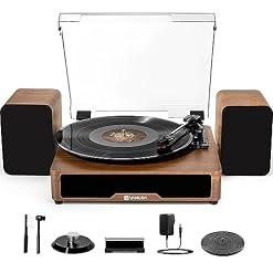 Vangoa Vinyl Record Player with External Speakers, Turntable for Vinyl Records Bluetooth, 3 Speed Belt-Driven LP Player, Portable Vintage Record Plaver with 2 Stereo Speakers for 33/45/78 ROM. Brown - Les Beatles, Paul McCartney, John Lennon, RIngo Starr, George Harrison