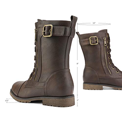 DREAM PAIRS Women's Mid Calf Built-in Wallet Pocket Lace up Military Combat Boots,Size 7,All Brown,MISSION