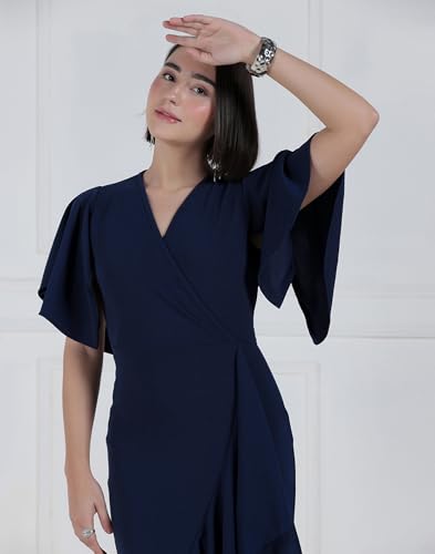 Image of Selvia Wine Flutter Sleeve Bodycon Midi Dress for Women, V-Neck Ruffle Hem Outfit