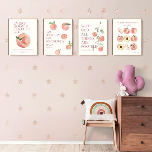 Image of LARTSFRO Coquette Pink Peach Fruits Wall Art Decor Posters, Cute Pink Peach Christian Room Bathroom Bedroom Dorm Wall Art Decor Aesthetic for College Teen Girls Gifts, Inspirational Bible Verses Wall Decor, 10x8 Inch Set of 4 Pcs Fruits Pictures (UNFRAMED)
