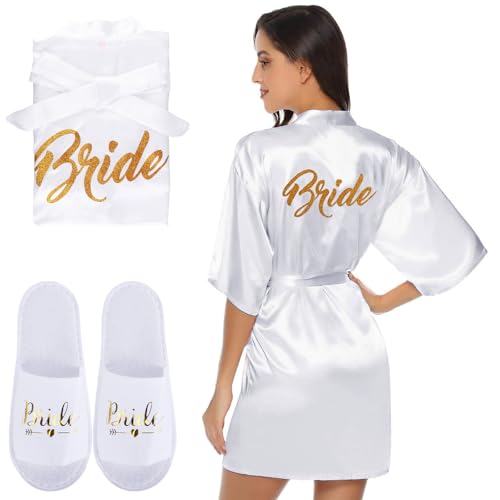 Moiuguli Bride/Bridemaid Robe and Slippers Set Pink Womens Kimono Robe Silk Bridal Dressing Gown for Special Day Satin Robes Bridemaid Party Robes Wedding 2 in 1 Set Bride To Be Pjs for Women