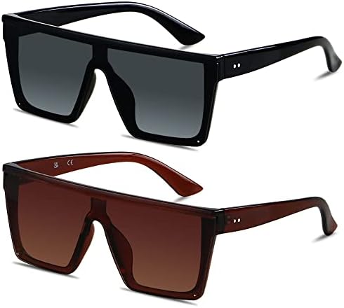 LYZOIT Square Oversized Sunglasses for Women Men Big Flat Top 2 pack Fashion Shield Large UV Protection Rimless Shades Black Brown Sun glasses