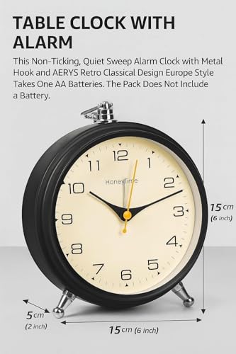 Image of AERYS Honeytime Metal Alarm Clock Wall Clock Table Clock for Study Analog Silent Vintage Clock,Alarm Clock for Heavy Sleepers Home Office Bedroom-Black (Battery Not Included)-13 Cm Black