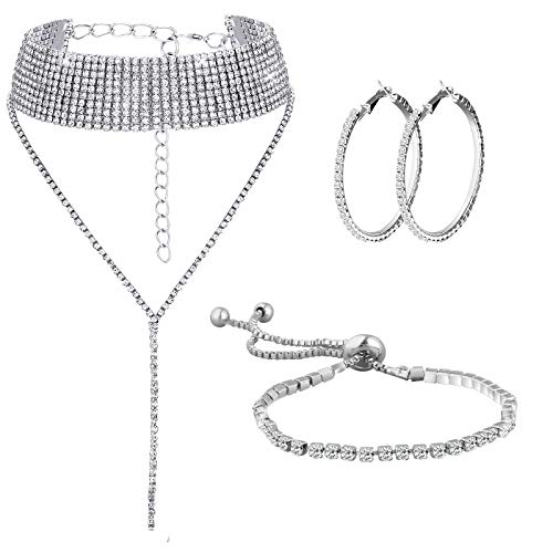 Olgaa Women Crystal Jewelry Set Bridal Wedding Rhinestone Choker Retro Necklace Dangle Earrings Bracelet Jewelry Set for Women Girls