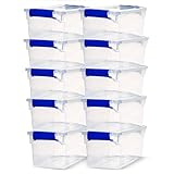 HOMZ 10-Pack Secure Latch, Clear Plastic Storage Organizer Bins, 7.5 Quart, Blue Latches