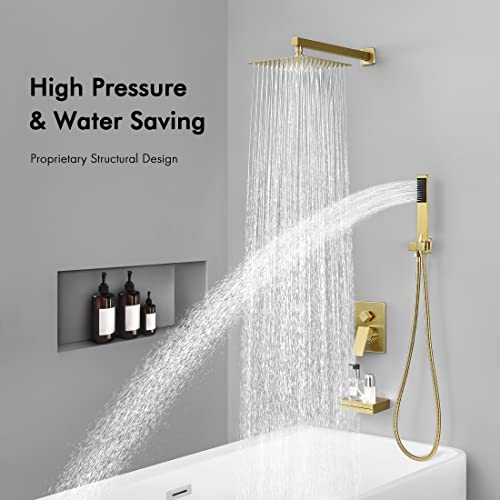 Bathroom Shower System With Waterfall Tub & 10 Inches Rain Shower Head & Handheld Shower 3-Funtions, Brushed Brass Xb6305-Bz #TOP1