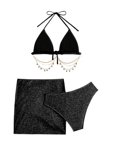 COZYEASE Women's 3 Piece Bikini Set Backless Halter Neck Triangle Chain Swimsuit Set with Beach Skirt3