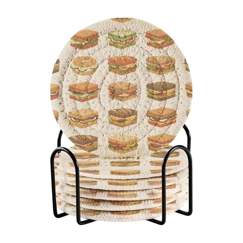 Sandwich Hamburger Beige Print Coasters for Drinks with Holder Absorbent Handmade Woven Coasters Set for Coffee Table Housewarming Gifts Home Decor Bar, 6 Pack