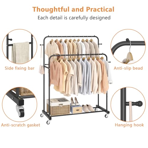 Laiensia Double Rods Garment Rack with Wheels, Clothing Rack for Hanging Clothes,4 Hooks, Multi-Functional Bedroom Clothes Rack, Black