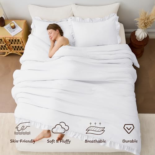 Image of FUANNA Queen Comforter Set White 3 Pieces, Ruffle Shabby Chic Queen Bed Set, Fluffy Lightweight Soft Bed in a Bag Queen for All Seasons, Farmhouse Bedding Comforter Sets(1 Comforter & 2 Pillowshams)