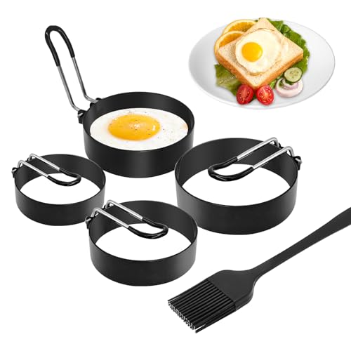 KATIMI 4 Stück Spiegeleiform 2 95/3 93 Zoll Pancake Form Antihaft Spiegeleierformen für die Pfanne mit Klappgriffen Silikon Pinsel Edelstahl Eierformer für Spiegeleier Hackbraten