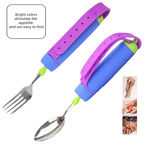 Bendable Adaptive Utensils Spoons Forks Set,Left and Right Handed, for Hand Tremors & Muscle Weakness,Arthritis,Stroke,Parkinson,360 Degree Rotation Weighted Rubber Strap,Eating & Drinking Aids - Image 7
