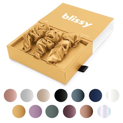 Image of Blissy Silk Scrunchies (3 Pack) - 100% Pure Mulberry Silk - 22 Momme 6A High-Grade Fibers Scrunchie for Straight & Curly Hair - Preventing Breakage, Tangling, & Creasing (Gold Regular)